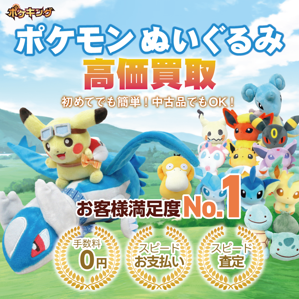 ポケモンぬいぐるみ高価買取 お客様満足度No1 手数料0円 スピードお支払い スピード査定 初めてでも簡単 中古品でもOK ポケキング